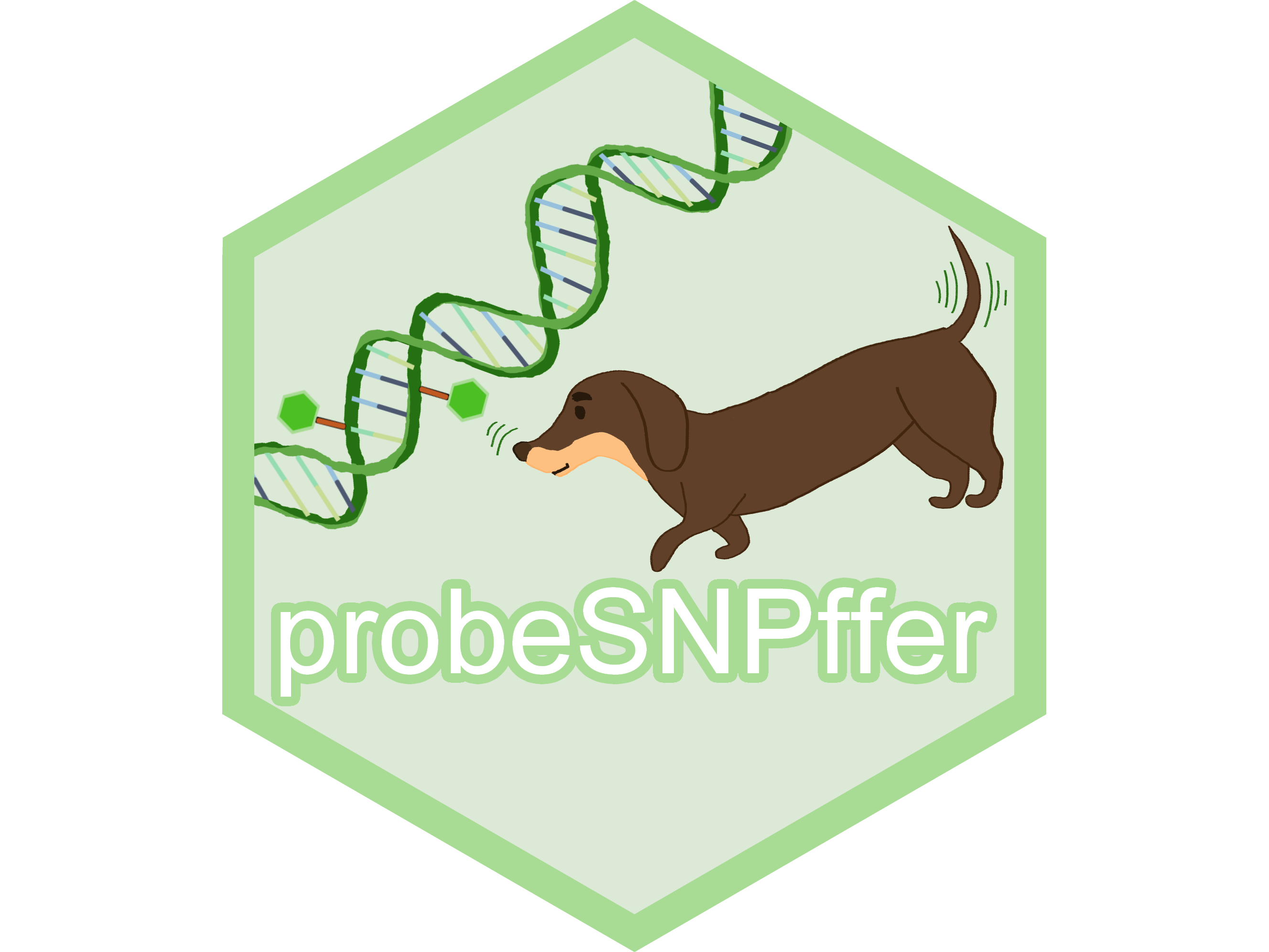 graphic art design of a dachshund sniffing a methylated DNA helix with the word "probeSNPffer" in white text