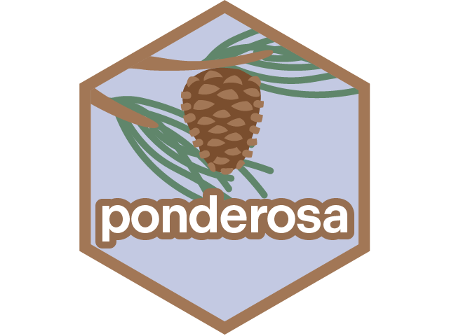 graphic art design of a ponderosa tree branch and the word "ponderosa" underneath in white and outlined in brown.