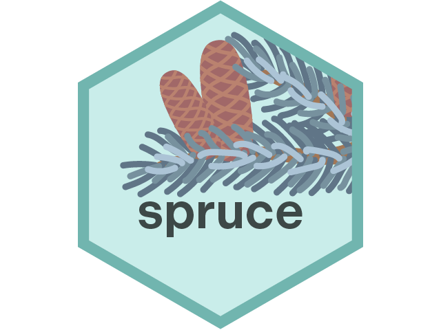 graphic art design of a spruce tree branch with the word "spruce" in black text